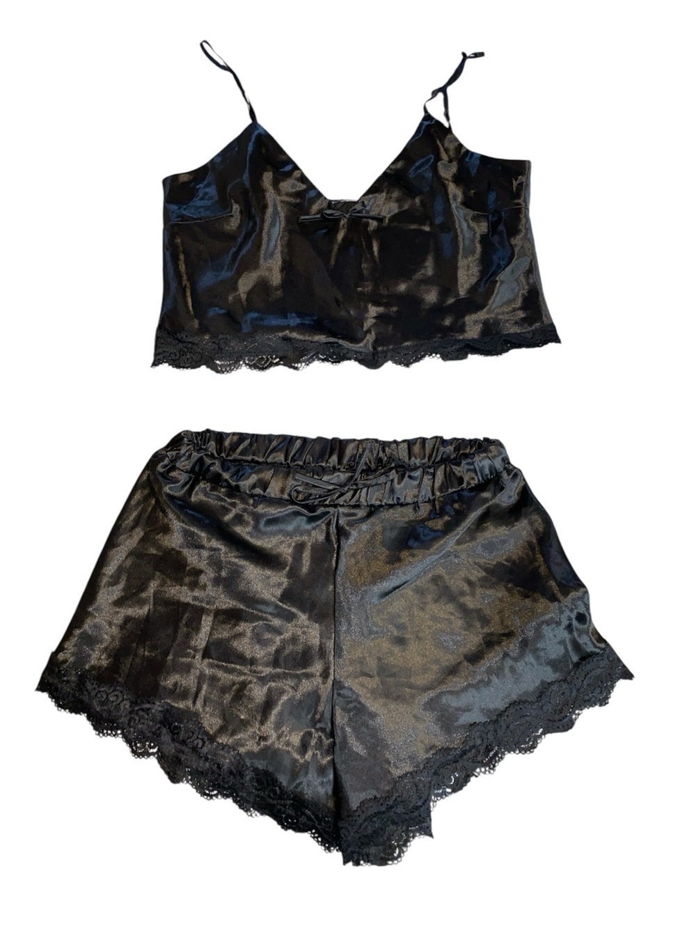 Fashion Nova Black Satin Lace Crop Tank and Shorts Pajama Set, Size Large